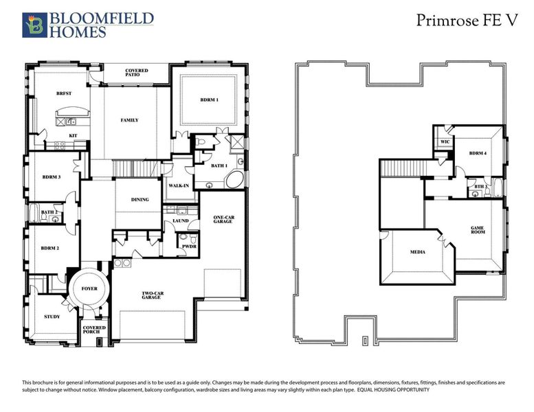 Bloomfield Homes Primrose FE V two-story floor plan with 4 bedrooms, media room, game room, and two-car garage. Bloomfield Homes Primrose FE V two-story floor plan with 4 bedrooms, media room, game room, and two-car garage.