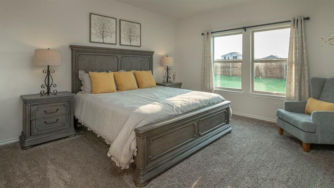 Plush gray carpeting extends throughout this room featuring white walls and a pair of large windows overlooking the backyard