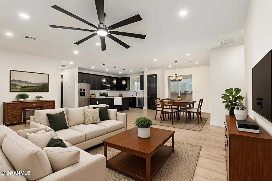 full kitchen living room dining room