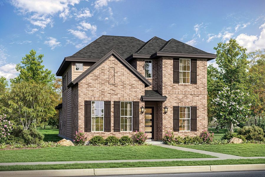 Representative exterior photo of a completed home built from the Riseley by Landon Homes in Fields - East Village, Frisco, TX (Image 2). Representative exterior photo of a completed home built from the Riseley by Landon Homes in Fields - East Village, Frisco, TX (Image 2).