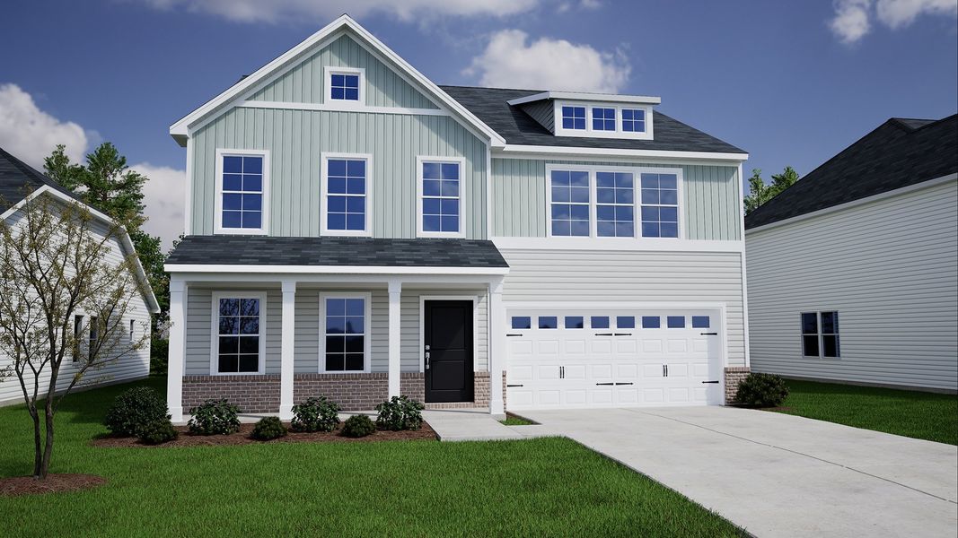 Representative exterior photo of a completed home built from the Warren - Genesis Value Collection by Mungo Homes in Meadows at Lilah Grove, Summerfield, NC (Image 16).