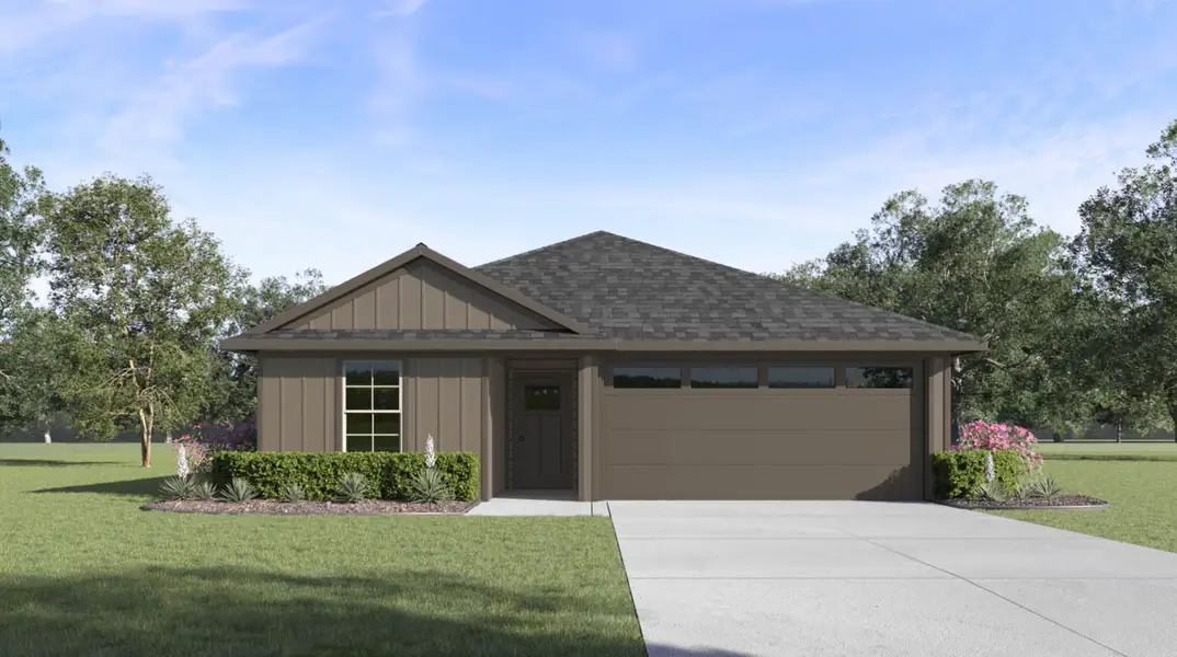 Front exterior of a new home in Saratoga Crossing, Corpus Christi, TX, highlighting curb appeal (Image 1).