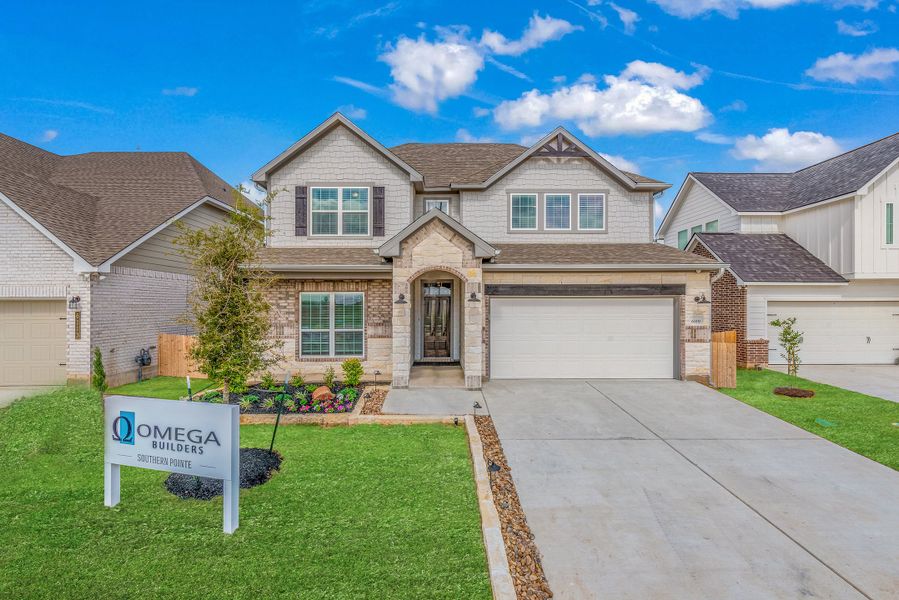 Front exterior of a new home in Southern Pointe, College Station, TX, highlighting curb appeal (Image 1). Front exterior of a new home in Southern Pointe, College Station, TX, highlighting curb appeal (Image 1).