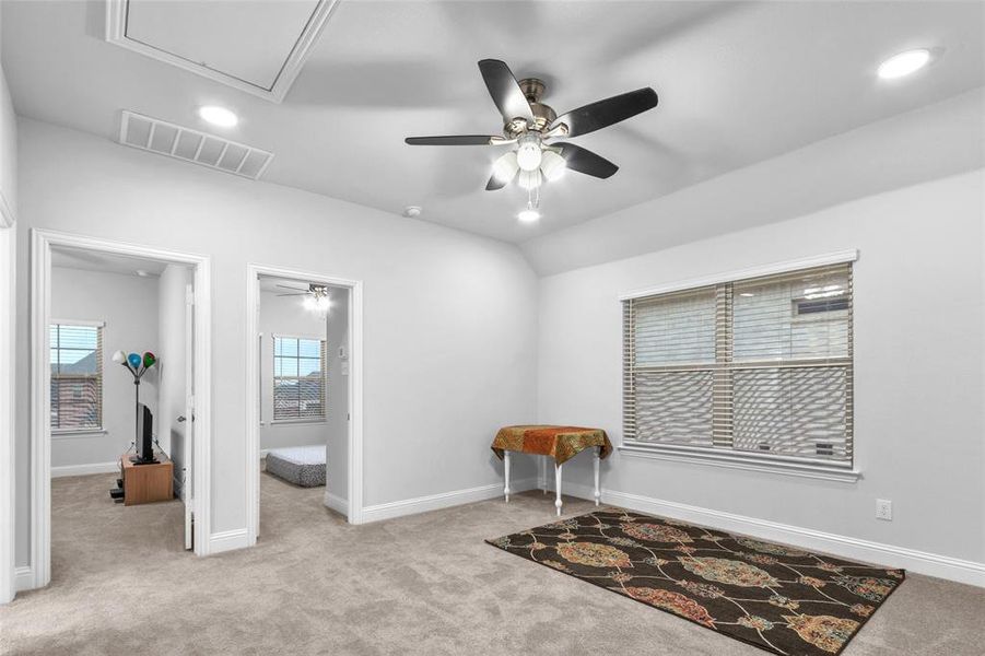 Miscellaneous room with light carpet, baseboards, visible vents, and vaulted ceiling