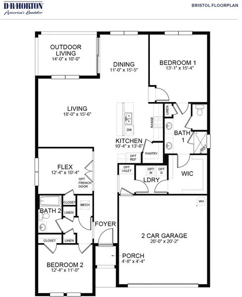 2D floor plan layout for the Bristol by D.R. Horton in Indian River Preserve, Mims, FL (Image 3). 2D floor plan layout for the Bristol by D.R. Horton in Indian River Preserve, Mims, FL (Image 3).