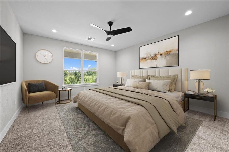 Bedroom featuring carpet, recessed lighting, and ceiling fan