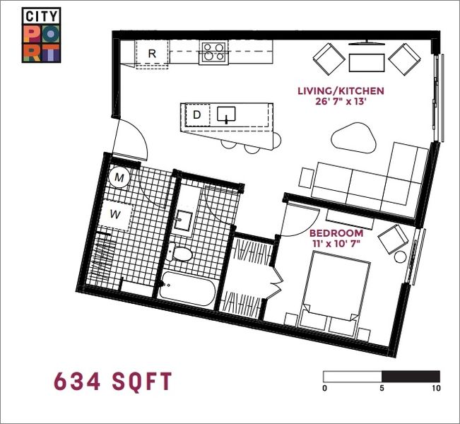 2D floor plan layout for the 1 Bedroom by White Oak Properties in City Port, Durham, NC (Image 4).