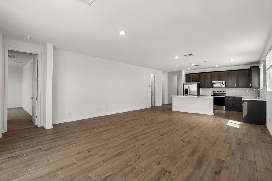 Great room, dining and kitchen