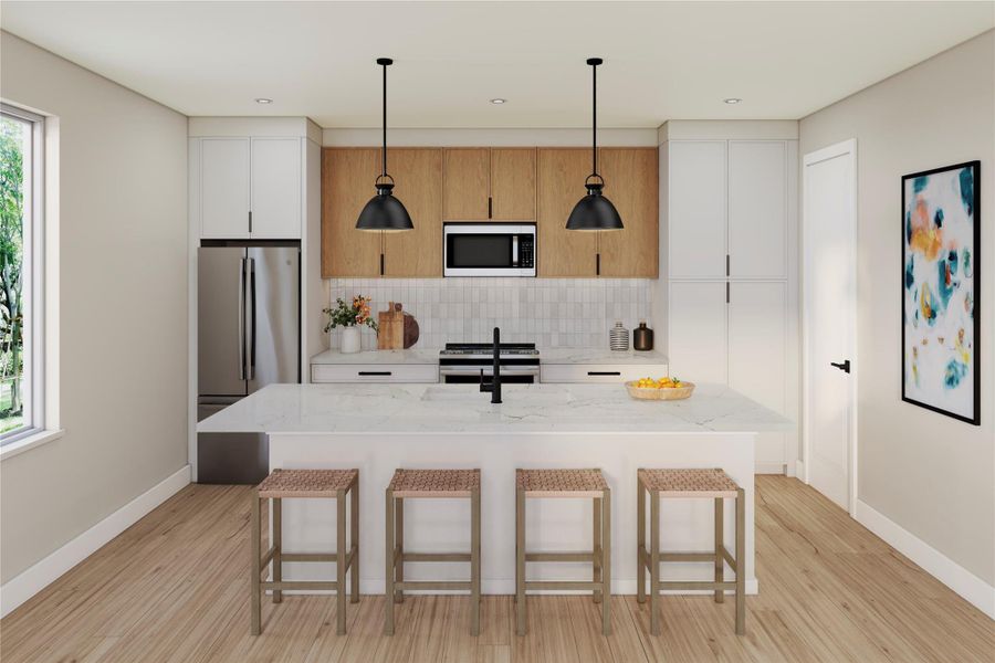 Kitchen with light stone countertops, a kitchen breakfast bar, hanging light fixtures, appliances with stainless steel finishes, and white cabinetry