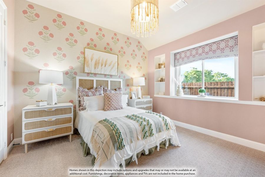 Bedroom with floral wallpaper accent wall, rattan bed frame, chandelier, and large window with carpet flooring Bedroom with floral wallpaper accent wall, rattan bed frame, chandelier, and large window with carpet flooring