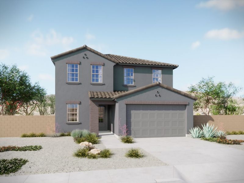 Front exterior of a new home in Oasis At Rocking K, Vail, AZ, highlighting curb appeal (Image 1).
