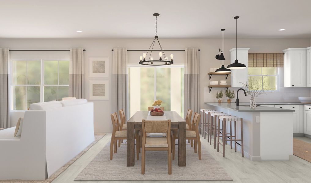 Dining area with decorative chandelier