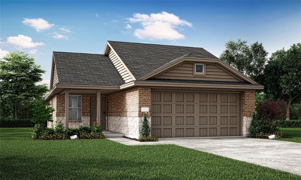 View of front of house with a garage and a front yard