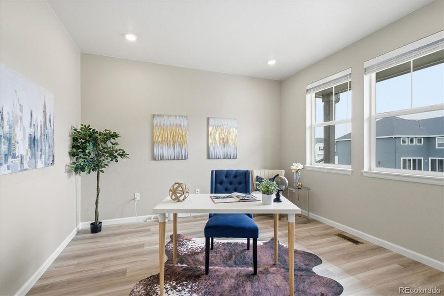 Office area with glass, french doors.
