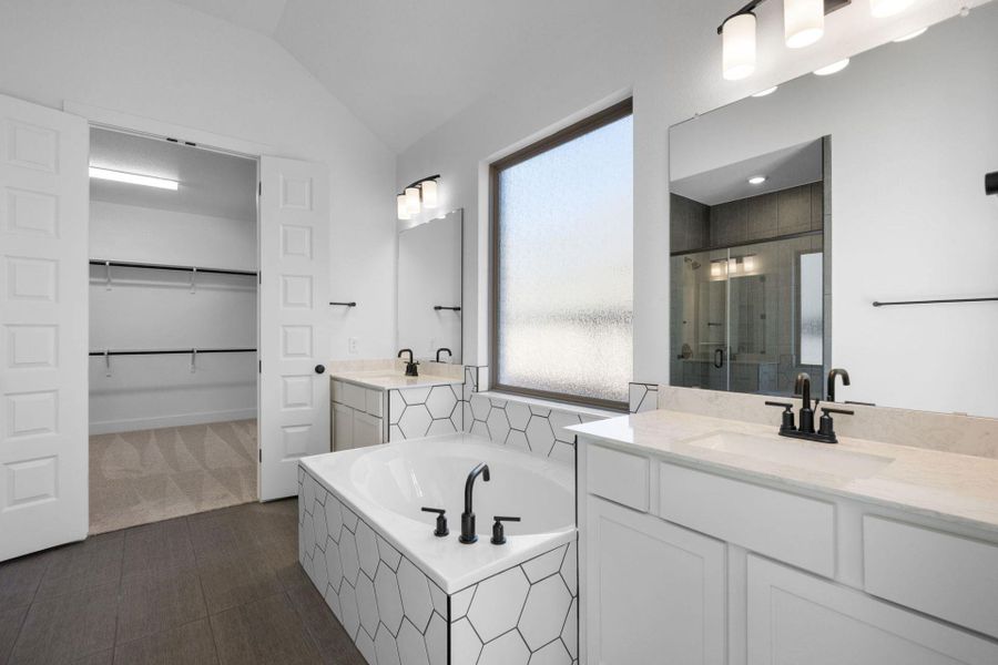 Primary Bath retreat with dual vanities & garden tub