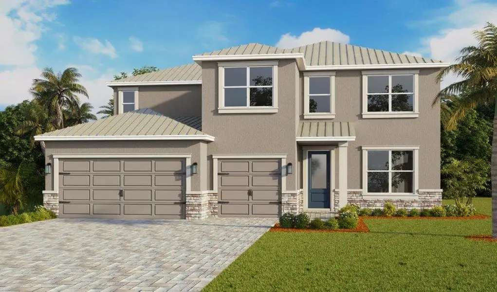 Front exterior of a new home in Riverwalk of Cocoa, Cocoa, FL, highlighting curb appeal (Image 1). Front exterior of a new home in Riverwalk of Cocoa, Cocoa, FL, highlighting curb appeal (Image 1).