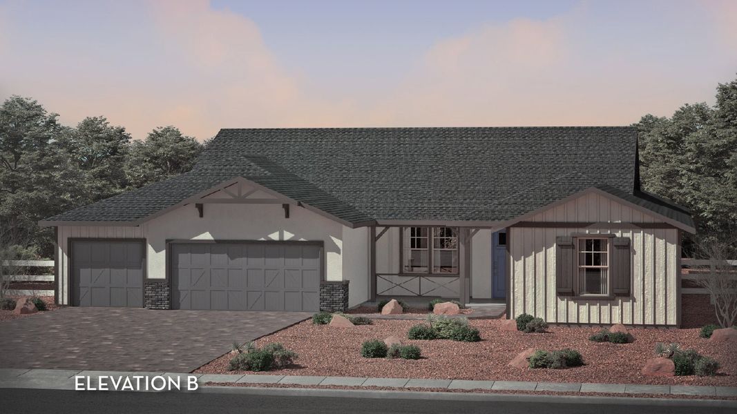 Representative exterior photo of a completed home built from the The Cottonwood by CastleRock Communities in Heritage Pointe, Chino Valley, AZ (Image 2). Representative exterior photo of a completed home built from the The Cottonwood by CastleRock Communities in Heritage Pointe, Chino Valley, AZ (Image 2).