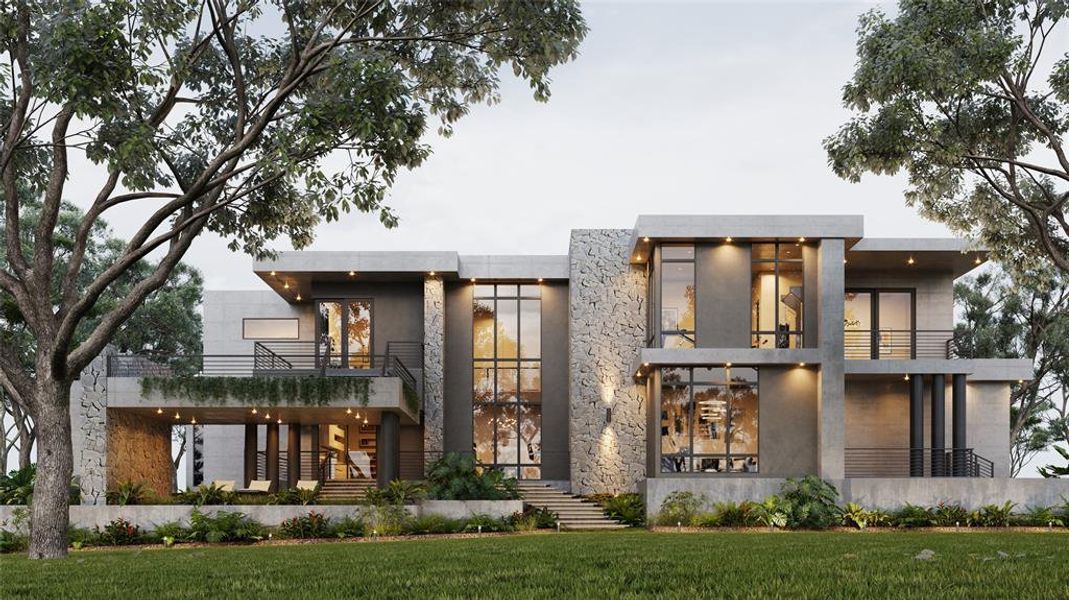 Contemporary house with a front lawn and a balcony