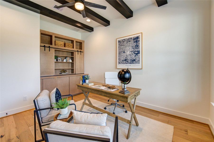 Stunning office with custom built-ins and beautiful beams Stunning office with custom built-ins and beautiful beams