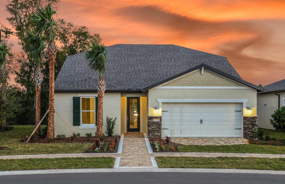 Representative exterior photo of a completed home built from the Mystique Grand by Del Webb in Del Webb Stone Creek, Ocala, FL (Image 21). Representative exterior photo of a completed home built from the Mystique Grand by Del Webb in Del Webb Stone Creek, Ocala, FL (Image 21).