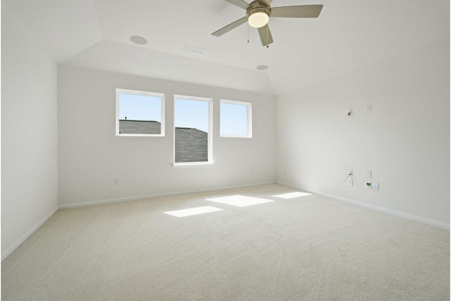 Spare room with light colored carpet, a ceiling fan, and a raised ceiling