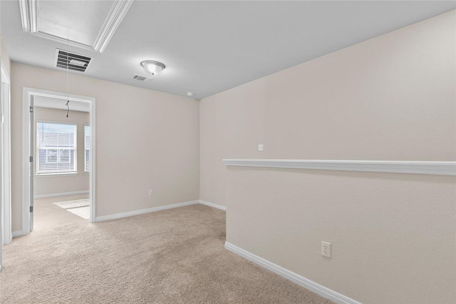 Upstairs Hallway with carpet, attic access, and recessed lighting Upstairs Hallway with carpet, attic access, and recessed lighting
