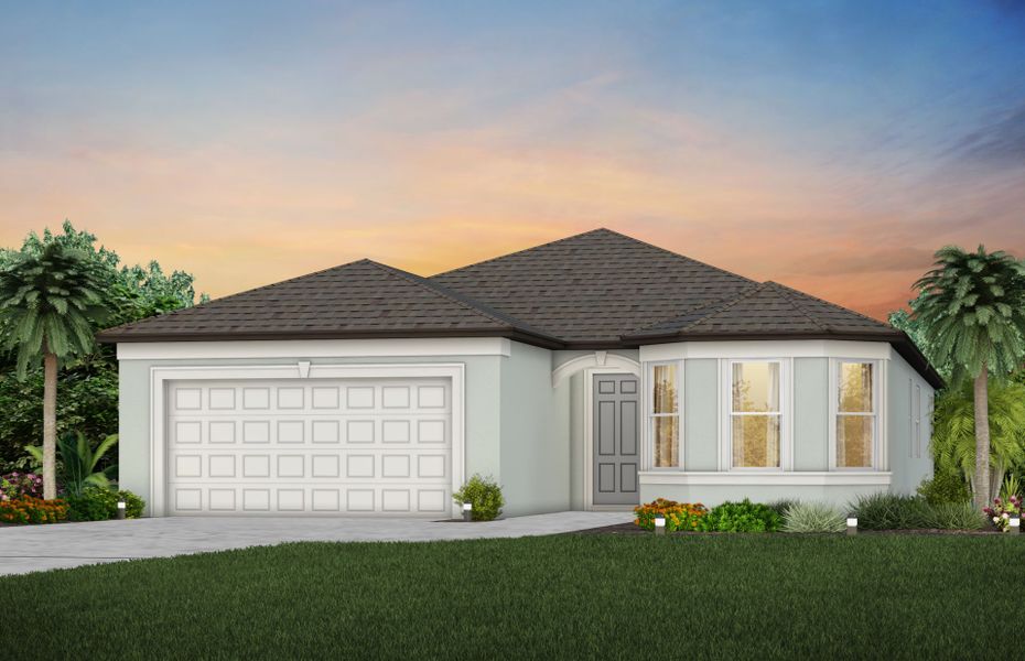 Front exterior of a new home in Riversong, Parrish, FL, highlighting curb appeal (Image 1). Front exterior of a new home in Riversong, Parrish, FL, highlighting curb appeal (Image 1).