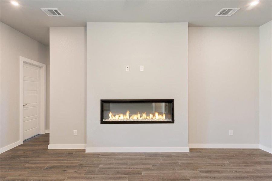 Detailed view of a glass covered fireplace, wood finished floors, and recessed lighting