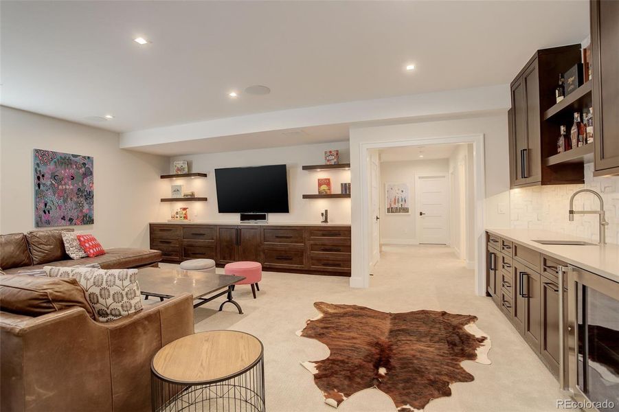 Basement Great Room with Bev Fridge and Wet Bar