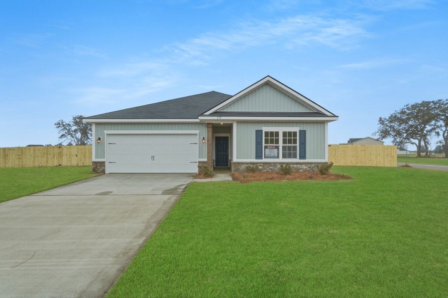 Representative exterior photo of a completed home built from the The Powell by RTS Homes in Doctor's Creek, Ludowici, GA (Image 2). Representative exterior photo of a completed home built from the The Powell by RTS Homes in Doctor's Creek, Ludowici, GA (Image 2).