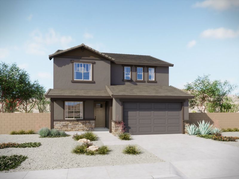 Front exterior of a new home in Oasis At Rocking K, Vail, AZ, highlighting curb appeal (Image 9).