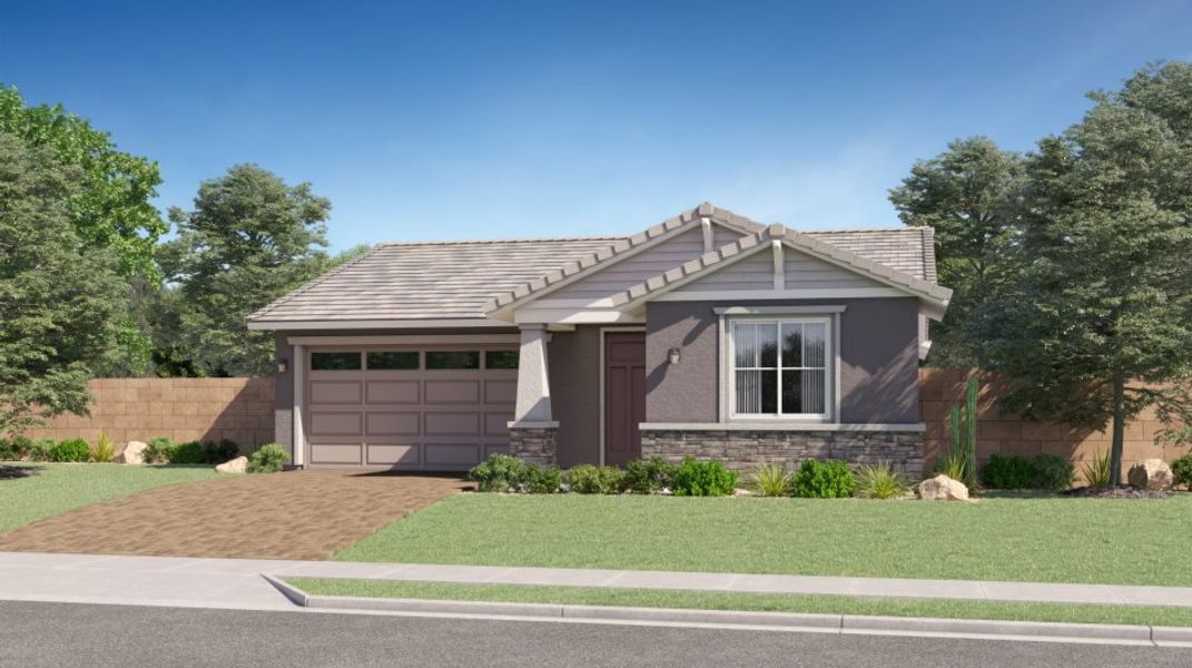 Front exterior of a new home in Madera, Queen Creek, AZ, highlighting curb appeal (Image 1). Front exterior of a new home in Madera, Queen Creek, AZ, highlighting curb appeal (Image 1).