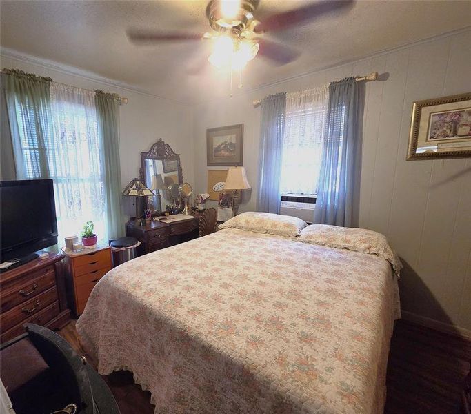 Bedroom features ceiling fan and lots of natural light