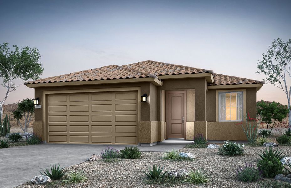 Exterior of Hewitt II model B with 2 car garage new home construction at Soleo in San Tan Valley, AZ