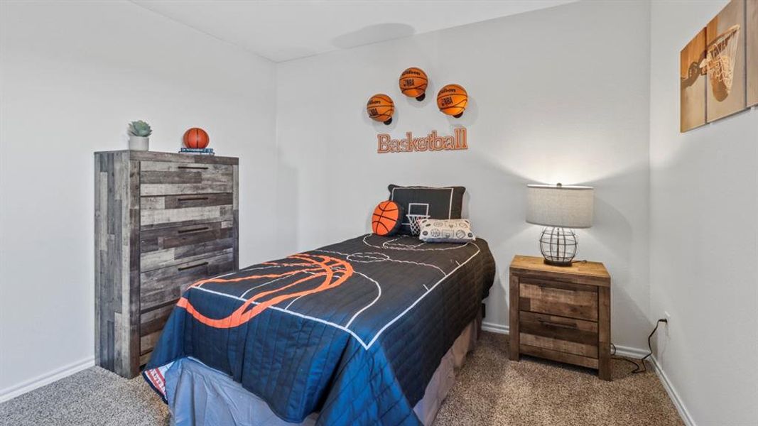 Neutral-toned bedroom featuring light gray walls and plush carpet flooring