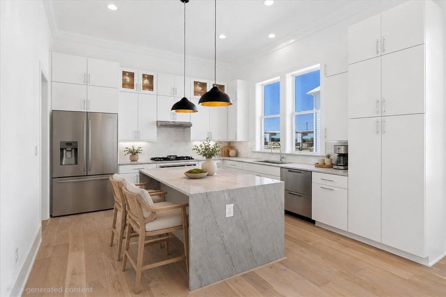 Modern kitchen featuring a waterfall island with stone countertop, stainless steel appliances, extensive white cabinetry, large windows, and light wood-finish flooring