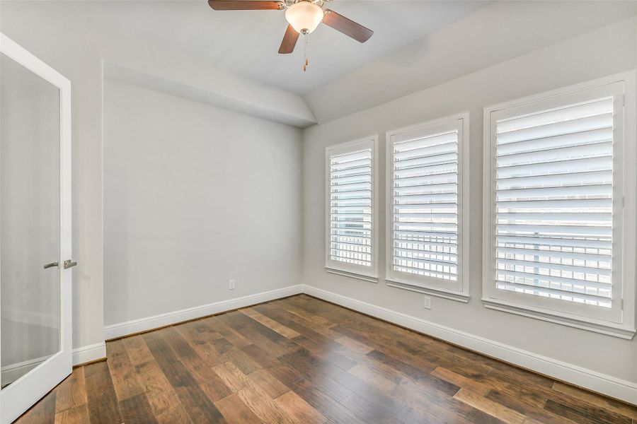 Moving down the hall is the study with glass French doors. It is far enough removed from the kitchen and living area to offer privacy. Moving down the hall is the study with glass French doors. It is far enough removed from the kitchen and living area to offer privacy.