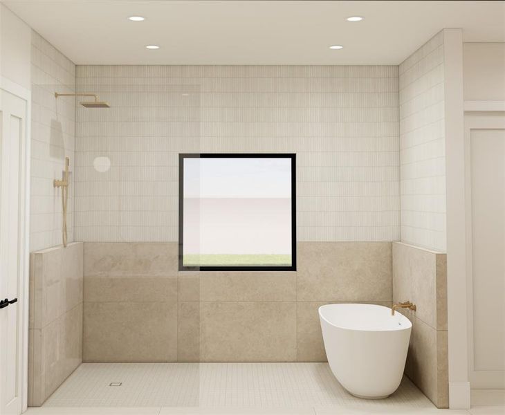 Full bathroom with a walk in shower, recessed lighting, a soaking tub, tile walls, and tile patterned floors