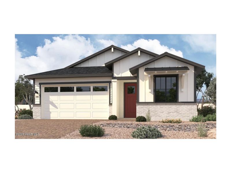 Front exterior of a new home in South Ranch Western Collection, Prescott, AZ, highlighting curb appeal (Image 1). Front exterior of a new home in South Ranch Western Collection, Prescott, AZ, highlighting curb appeal (Image 1).