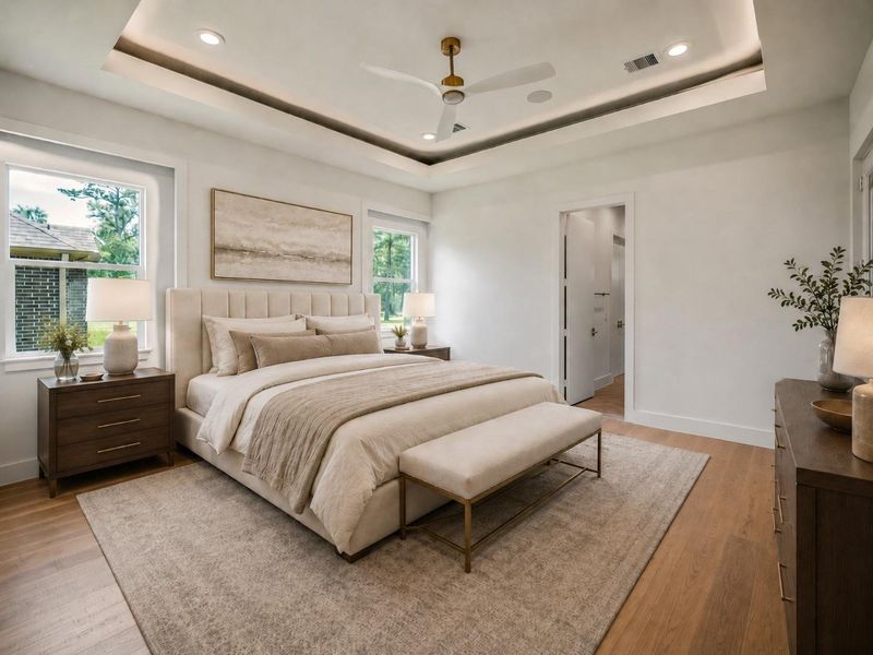 Huge primary bedroom was designed with a more modern contemporary eye. Huge primary bedroom was designed with a more modern contemporary eye.