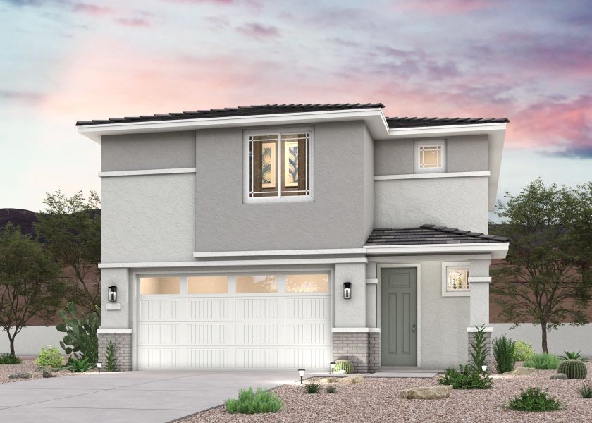 Front exterior of a new home in Manzanita at Teravalis, Buckeye, AZ, highlighting curb appeal (Image 1). Front exterior of a new home in Manzanita at Teravalis, Buckeye, AZ, highlighting curb appeal (Image 1).
