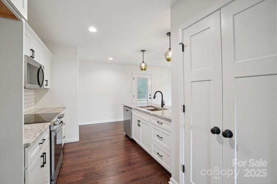 Sleek modern kitchen with large pantry