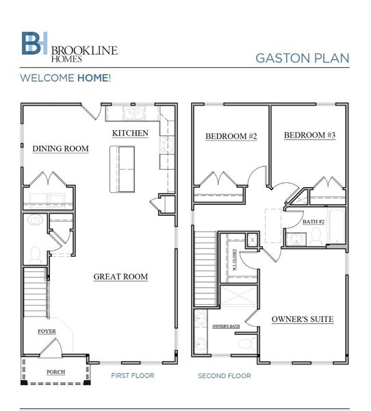 2D floor plan layout for the Gaston by Brookline Homes in The Crossing at Cramerton Mills, Gastonia, NC (Image 4).
