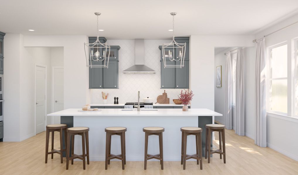 Kitchen with pendant lighting and glass upper cabinets