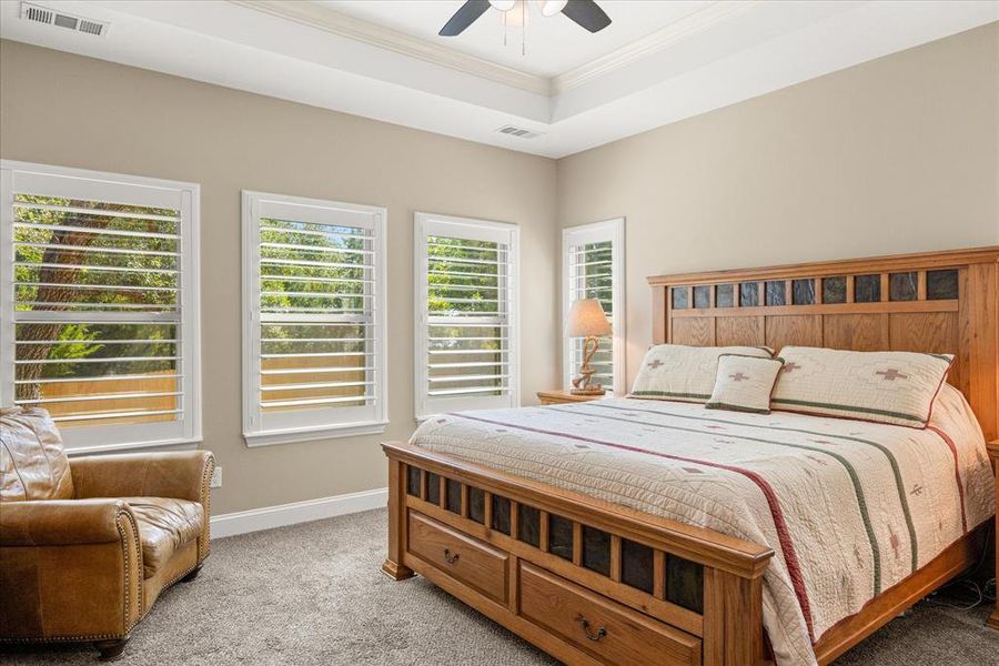 Carpeted bedroom with crown molding, a tray ceiling, and a ceiling fan Carpeted bedroom with crown molding, a tray ceiling, and a ceiling fan