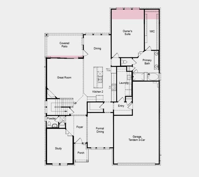Additional highlights include: Media room in place of bedroom, secondary bedroom in place of study, full bathroom in place of powder room, study in place of formal dining, sliding glass door at gathering room, and extended primary suite and walk-in closet. Additional highlights include: Media room in place of bedroom, secondary bedroom in place of study, full bathroom in place of powder room, study in place of formal dining, sliding glass door at gathering room, and extended primary suite and walk-in closet.