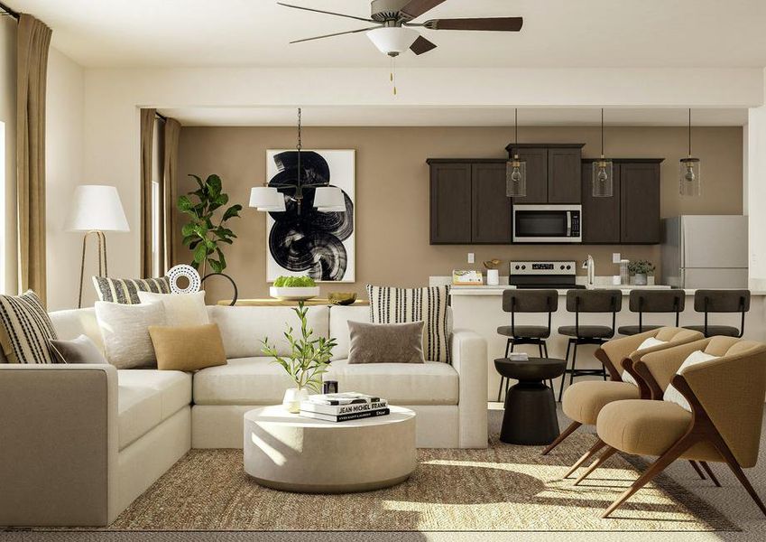 Rendering of the open layout of the Cypress showcasing living room furniture and lots of natural light. Rendering of the open layout of the Cypress showcasing living room furniture and lots of natural light.