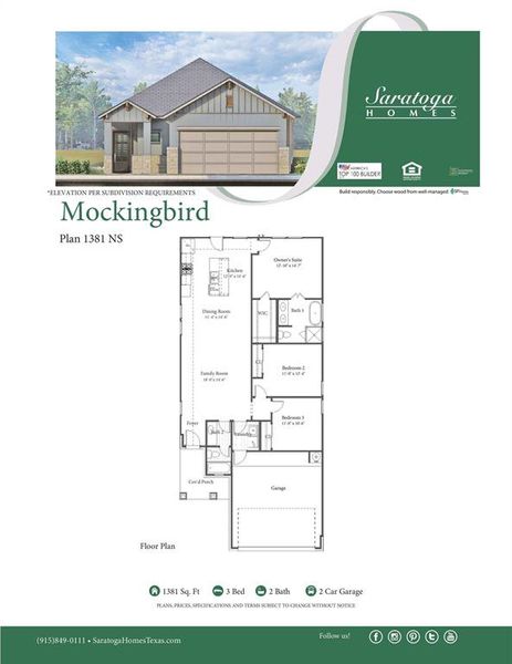 Explore the Mockingbird Plan 1381 NS by Saratoga Homes, offering 1,381 sq. ft. of thoughtfully designed living space. This charming 3-bedroom, 2-bath home features a spacious family room, a modern kitchen with ample counter space, and a cozy dining area perfect for family meals. The owner's suite offers a peaceful retreat with a walk-in closet and private bath. With a 2-car garage and covered porch, this home combines comfort and style, making it the perfect place for your family to call home.