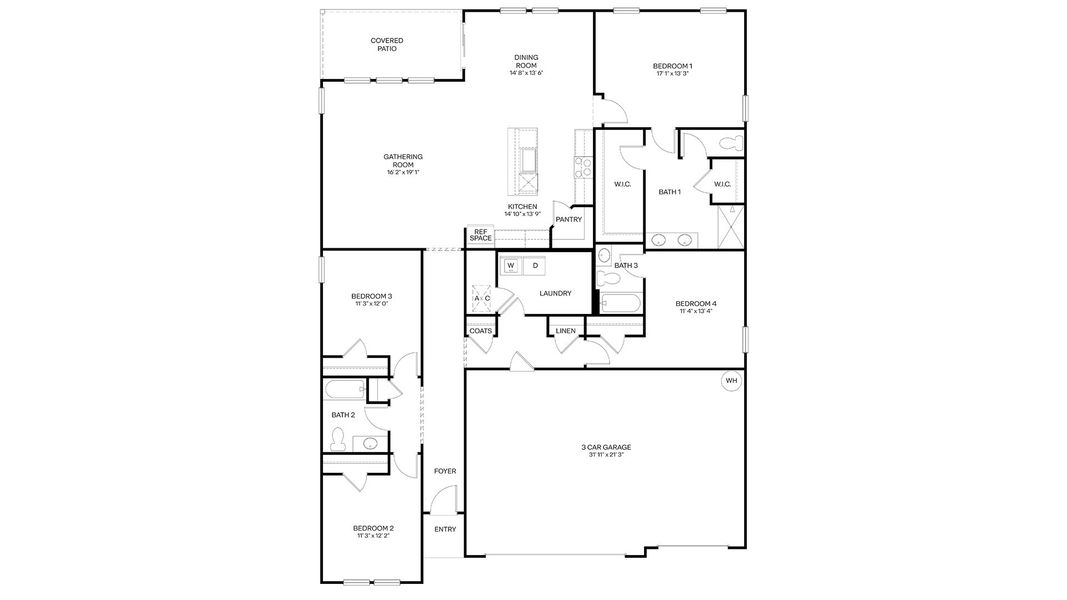 2D floor plan layout for the Denham by D.R. Horton in Sawmill Branch Express, Palm Coast, FL (Image 4).