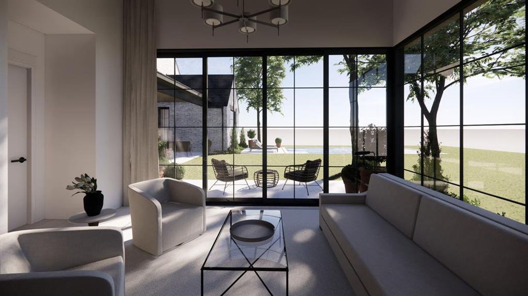 Sunroom / solarium with a water view and a chandelier